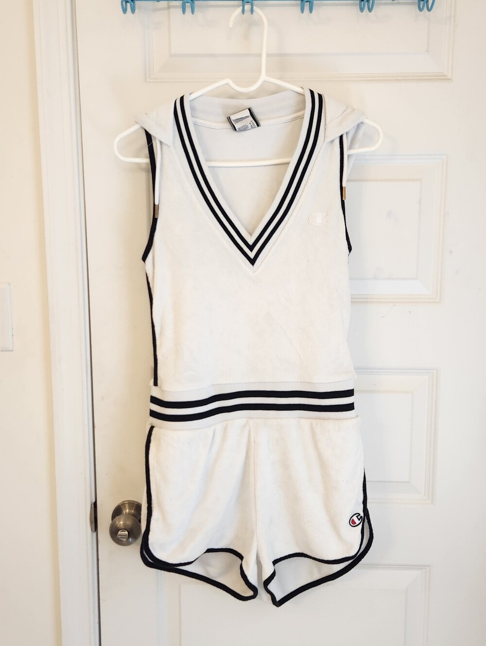 Champion Womens Hooded Terry Cloth One Piece Romper White Black Size L #1389